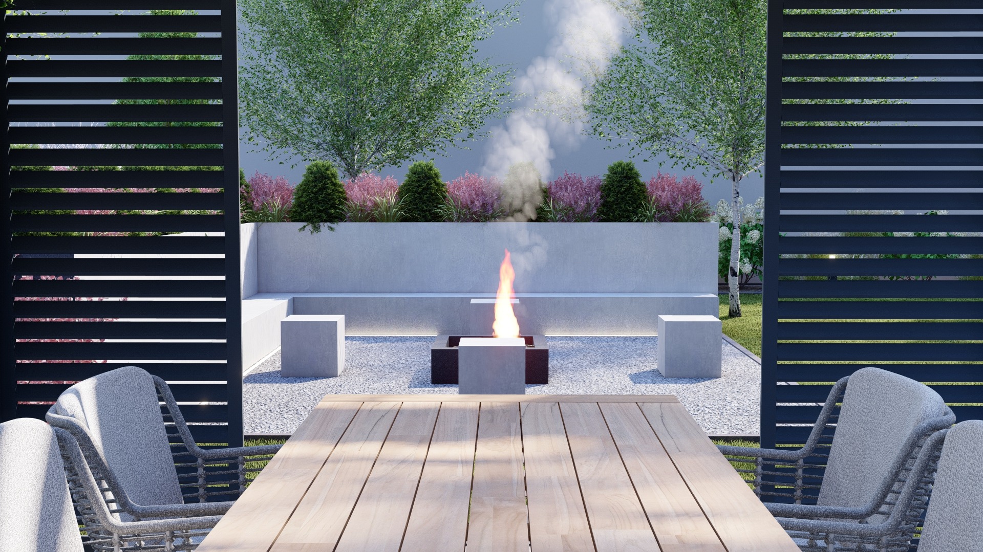 Wizualizacja ogrodu z paleniskiem otoczonym betonowymi siedziskami i roślinami, widok zza drewnianego stołu i krzeseł przez ażurową konstrukcję.