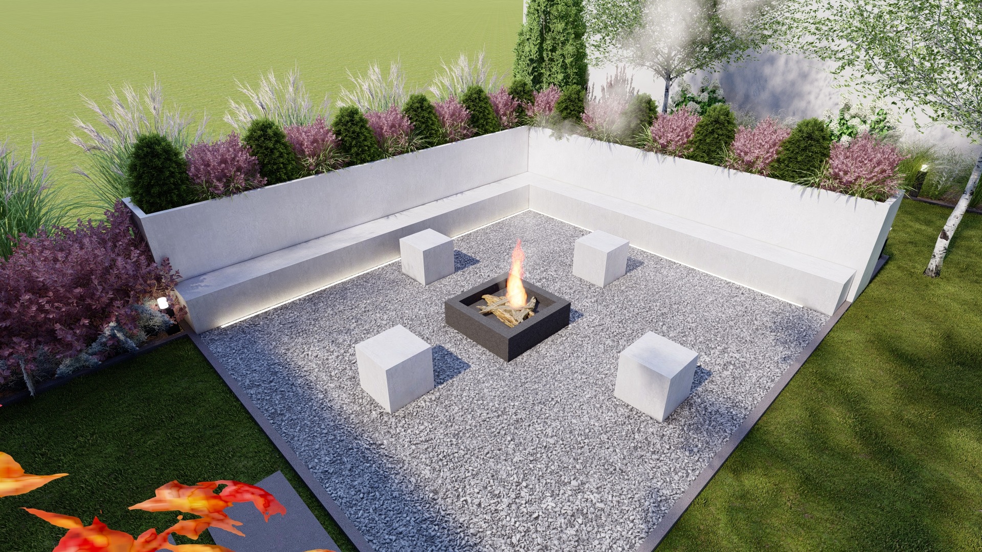 Kwadratowe palenisko z płomieniami otoczone czterema białymi kostkami do siedzenia na żwirowym podłożu, w tle podwyższona rabata z roślinnością i betonową ławką z podświetleniem LED.