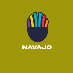 Rafał Rutkowski Renner - Logo firmy Navajo z abstrakcyjnym symbolem w stylu nawiązującym do kultury Indian Navajo, z kolorowymi pionowymi paskami w kształcie piór lub promieni nad ciemnogranatową podstawą, na oliwkowym tle.