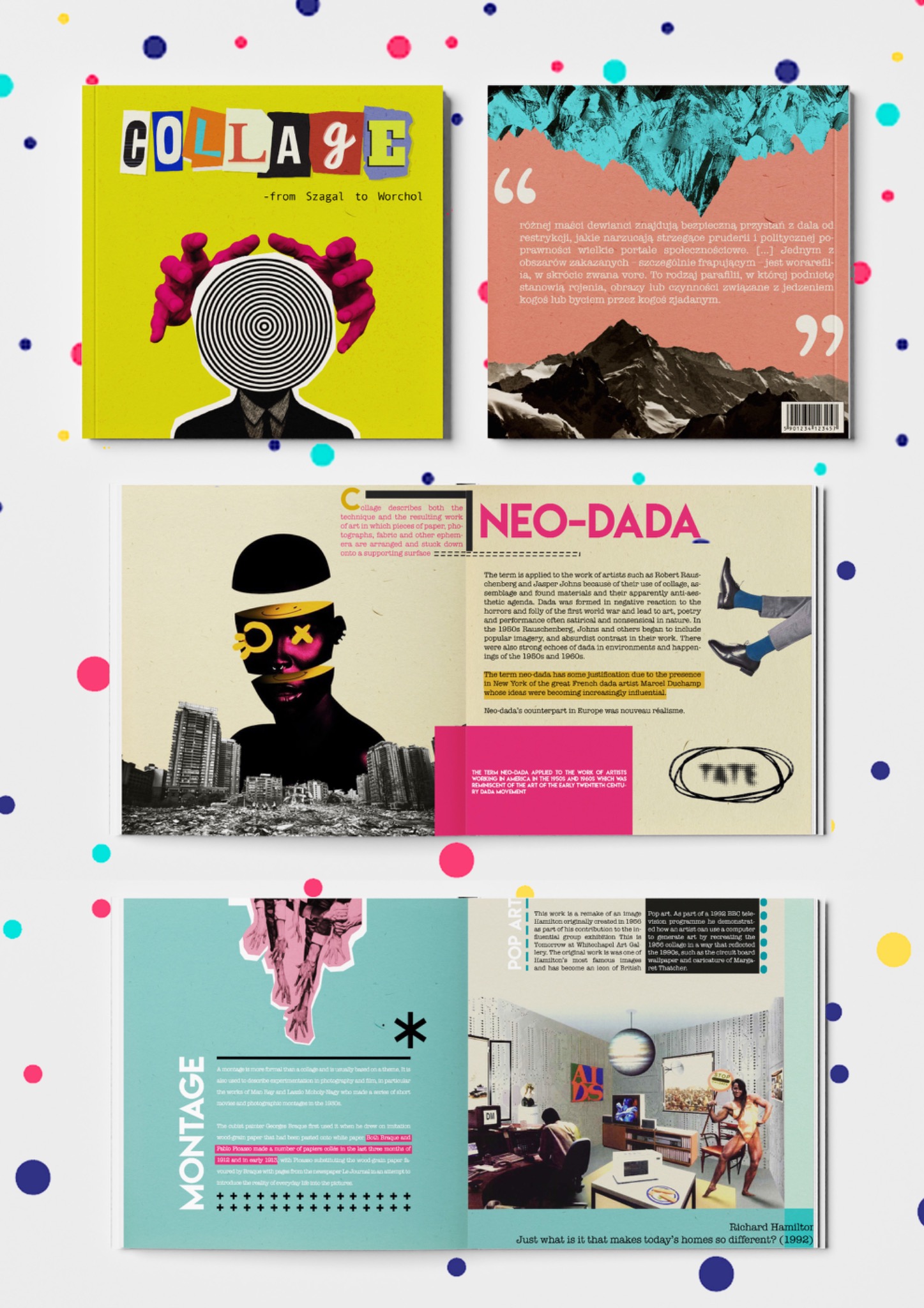 Rozkładówka książki o kolażu, prezentująca różnorodne przykłady i style, od abstrakcyjnych kompozycji po pop-artowskie sceny wnętrz z lat 90.