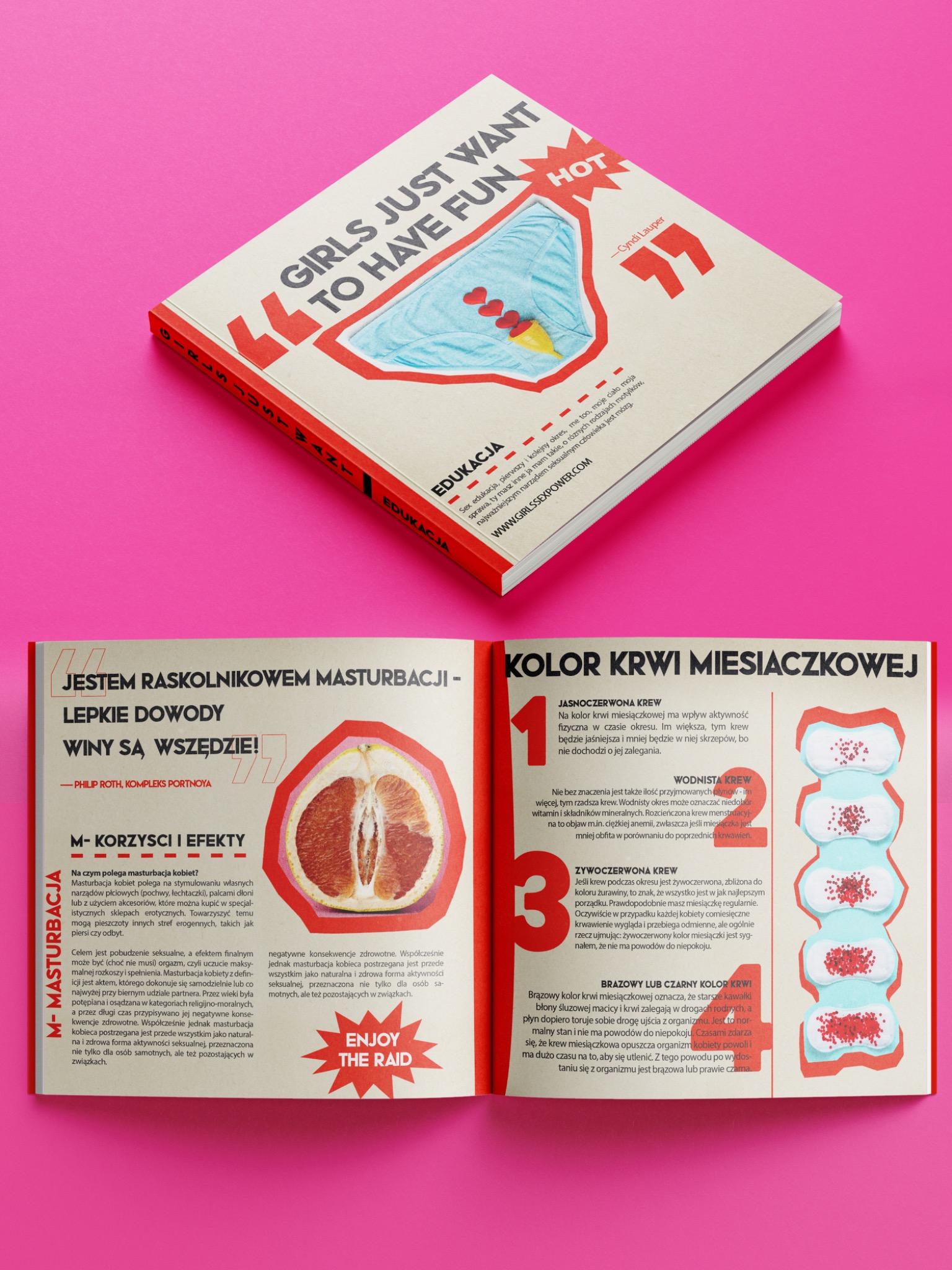 Otwarta książka na różowym tle, pokazująca strony z tekstem i ilustracjami dotyczącymi edukacji seksualnej i menstruacji, w tym fragmenty o masturbacji i kolorze krwi miesiączkowej.