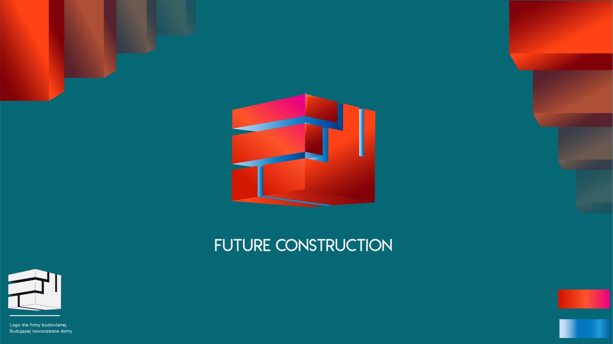 Abstrakcyjne logo firmy budowlanej z Warszawy, przedstawiające trójwymiarową kostkę z czerwono-niebieskimi elementami na turkusowym tle, z napisem 'FUTURE CONSTRUCTION'.