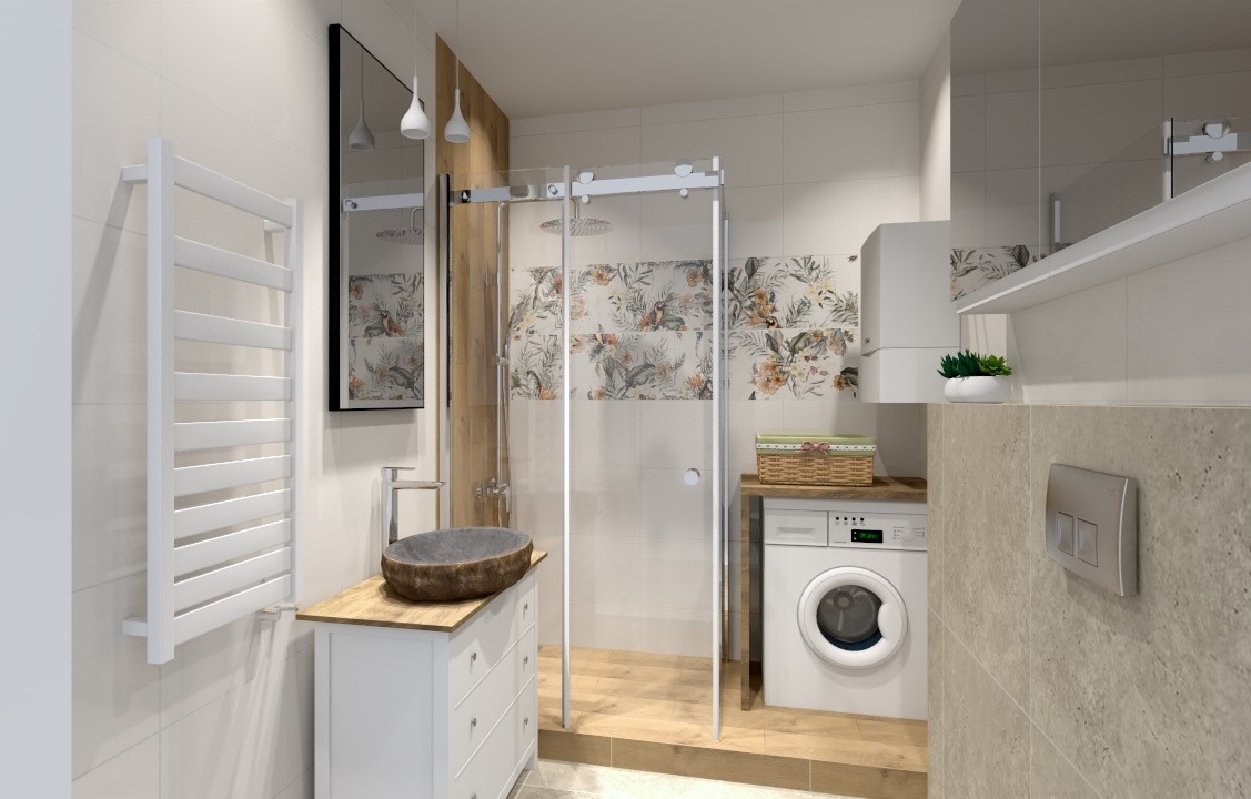 Wizualizacja nowoczesnej łazienki z kabiną prysznicową typu walk-in, umywalką w kształcie kamienia na białej szafce z drewnianym blatem, grzejnikiem drabinkowym, pralką i płytkami w kwiatowe wzory.