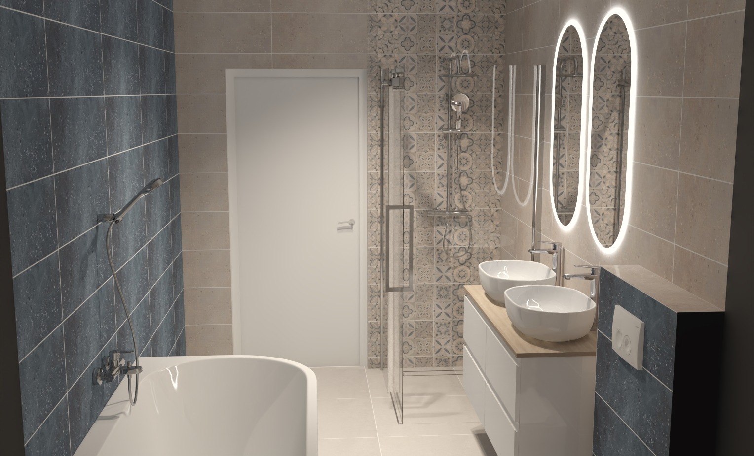 Wizualizacja nowoczesnej łazienki z wanną, kabiną prysznicową typu walk-in, podwójną umywalką nablatową na szafce z drewnianym blatem i dwoma owalnymi lustrami z podświetleniem LED.