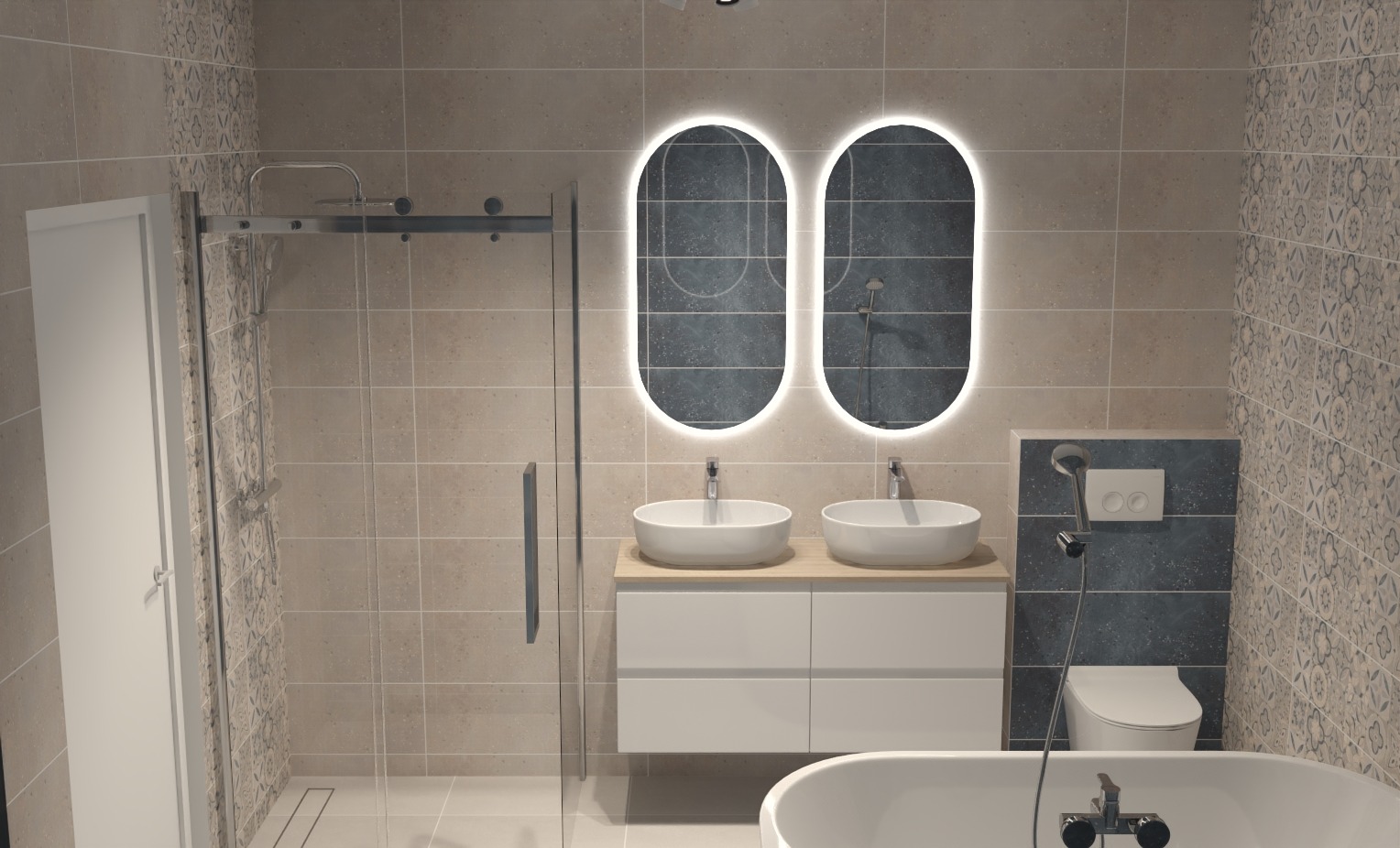 Wizualizacja nowoczesnej łazienki z dwoma owalnymi lustrami z podświetleniem LED, białą szafką z drewnianym blatem pod umywalki, kabiną prysznicową ze szklanymi drzwiami i wolnostojącą wanną...