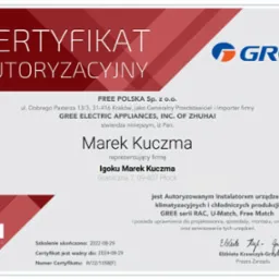 Certyfikat autoryzacyjny firmy Free Polska Sp. z o.o. potwierdzający, że Marek Kuczma jest autoryzowanym instalatorem urządzeń klimatyzacyjnych i chłodniczych produkcji Gree serii RAC, U-Match...