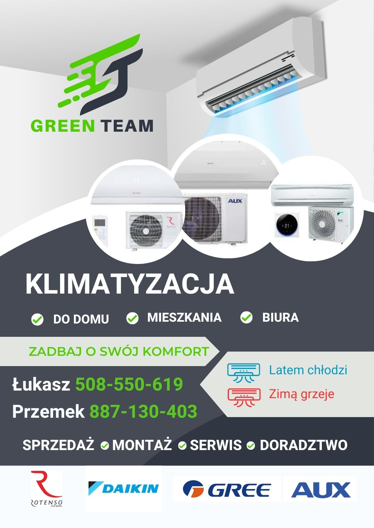 Grafika reklamowa firmy Green Team oferującej klimatyzację do domu, mieszkania i biura, prezentująca różne modele klimatyzatorów marek Rotenso, Daikin, Gree i AUX.