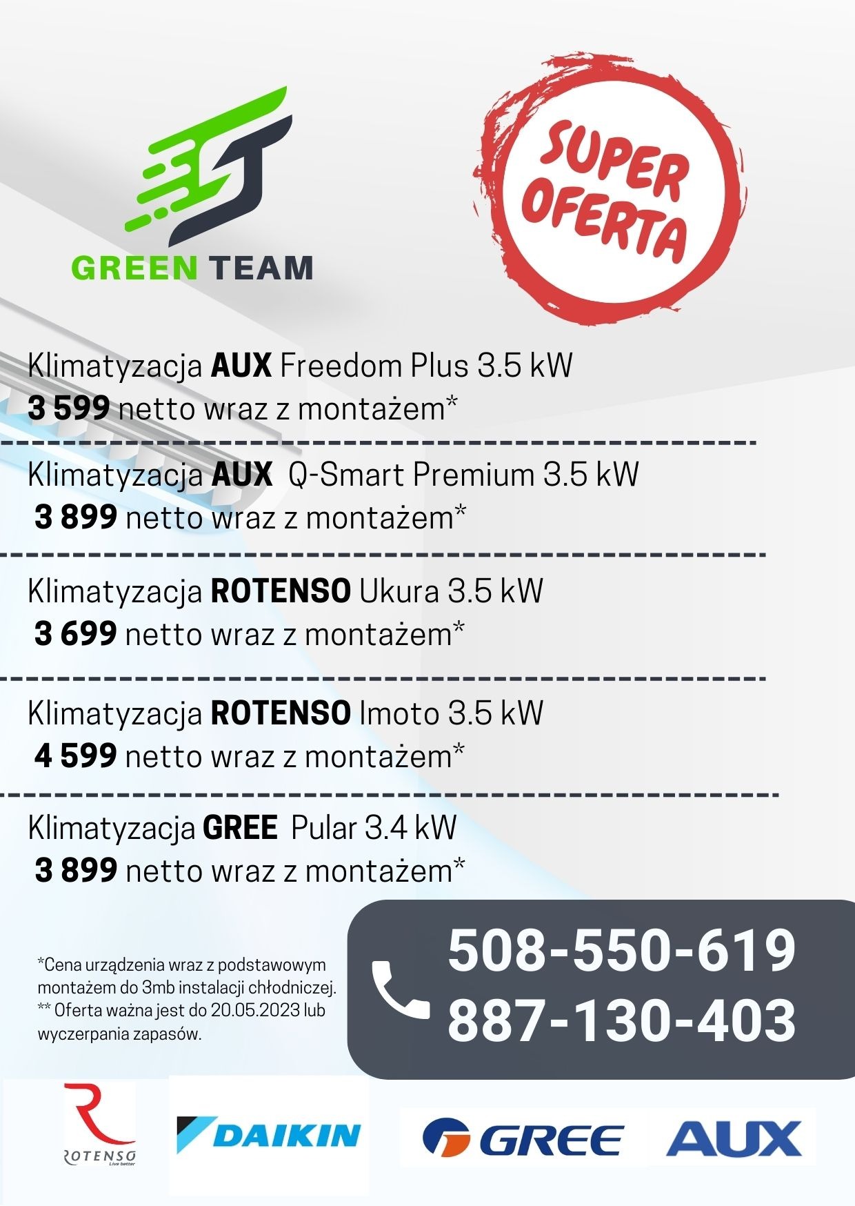 Promocja na klimatyzatory różnych marek (AUX, ROTENSO, GREE) z cenami netto i informacją o montażu, logo firmy Green Team, numer telefonu kontaktowego i logo producentów.