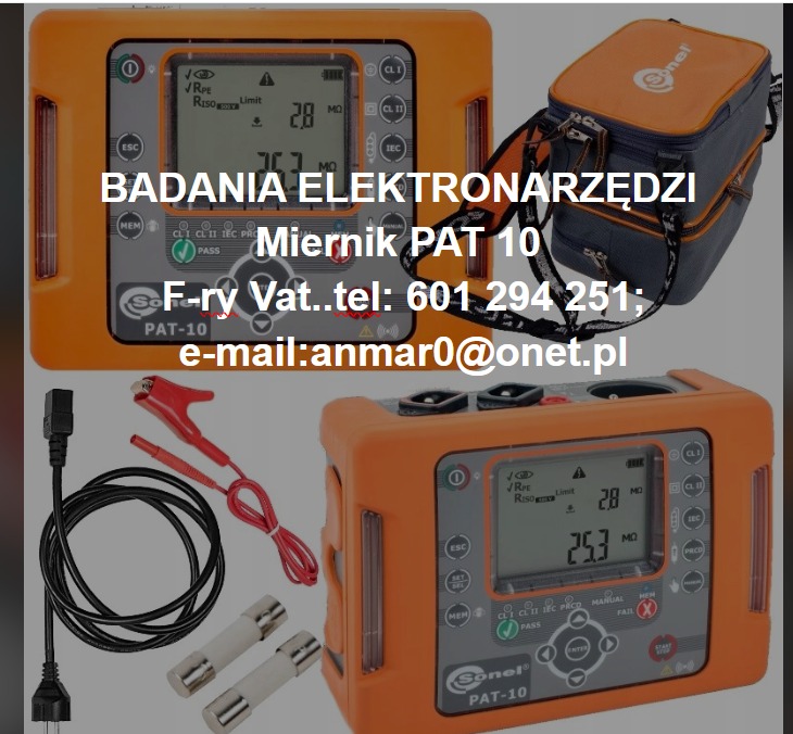 Miernik PAT-10 marki Sonel wraz z akcesoriami: przewody pomiarowe z krokodylkami, przewód zasilający, bezpieczniki oraz torba transportowa, na jasnym tle.