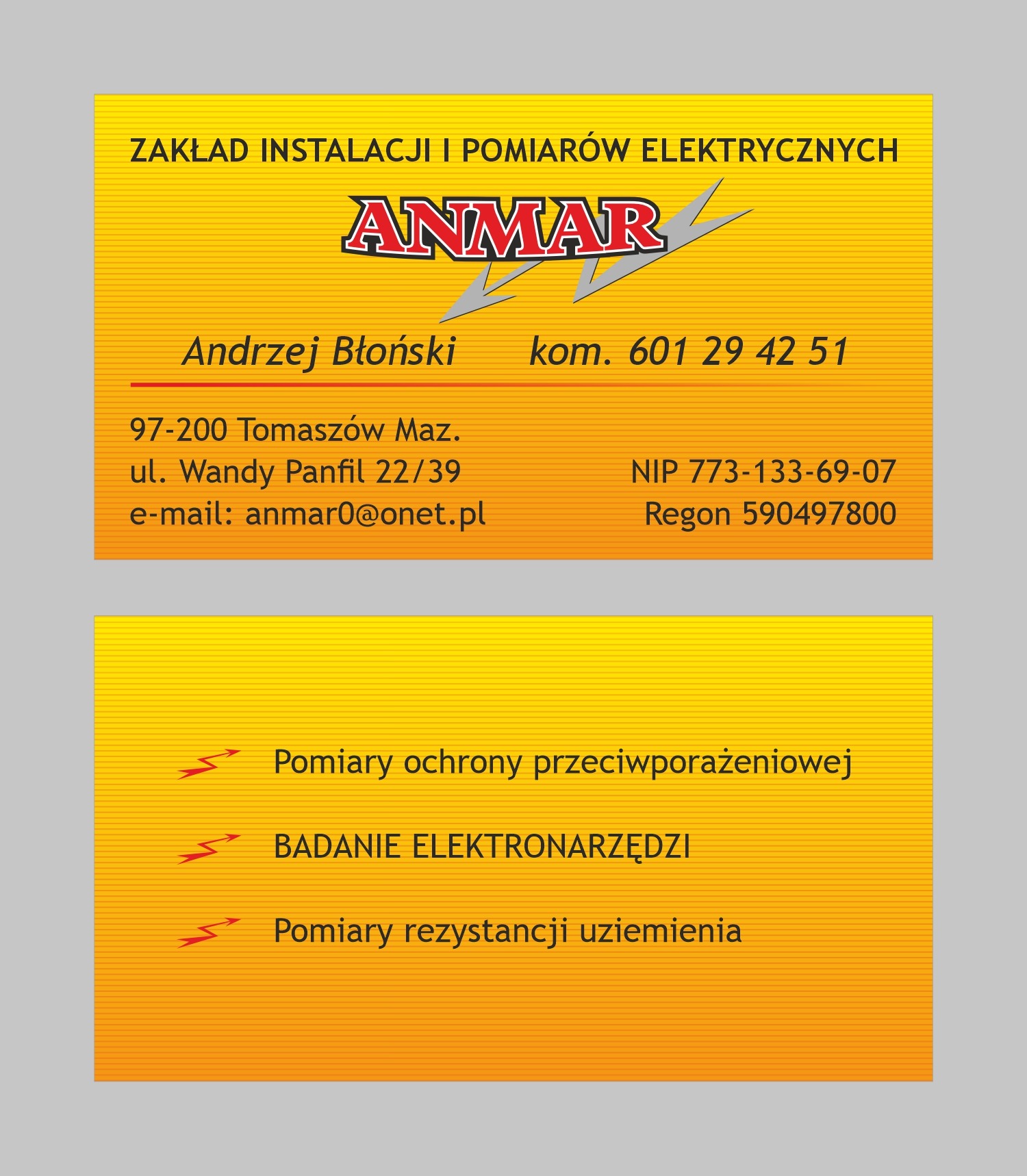 Żółta wizytówka firmy ANMAR oferującej instalacje i pomiary elektryczne, z adresem, numerem telefonu, NIP, REGON oraz listą usług: pomiary ochrony przeciwporażeniowej, badanie elektronarzędzi...