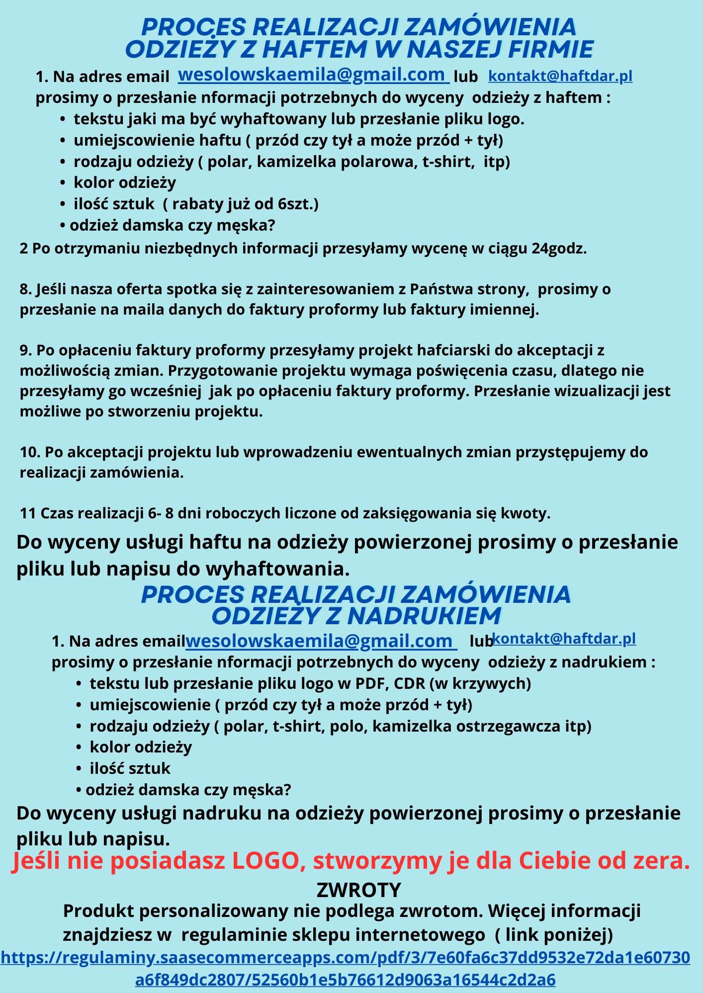 Infografika informująca o procesie realizacji zamówień odzieży z haftem i nadrukiem, z adresami e-mail i wymaganymi danymi do wyceny.