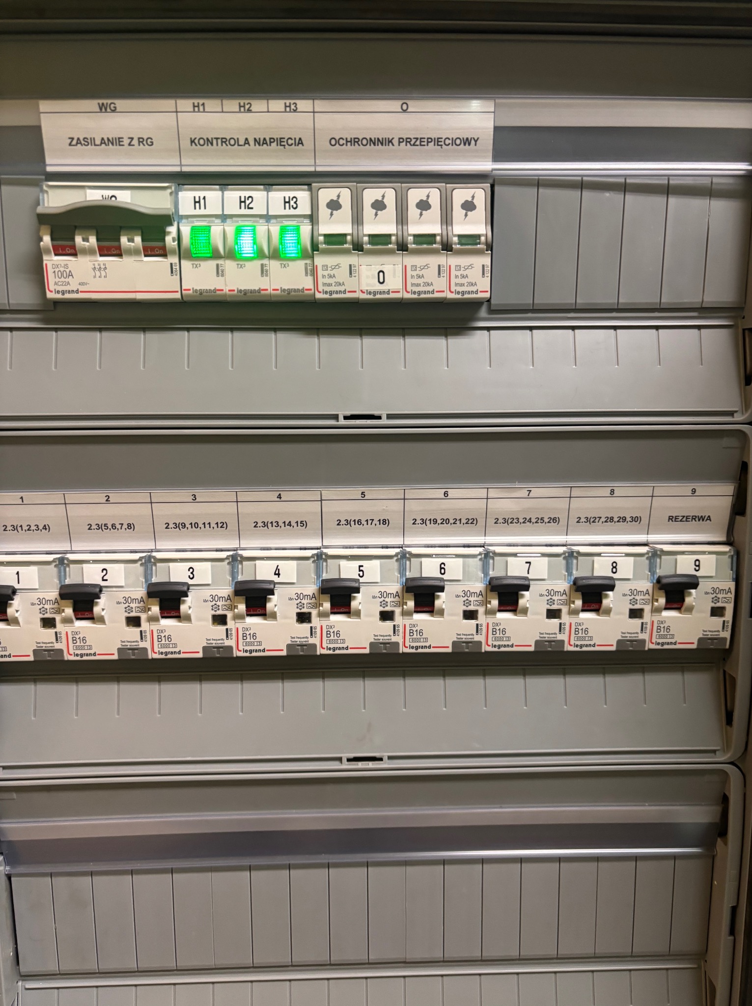 Otwarta skrzynka elektryczna z bezpiecznikami, widoczne oznaczenia obwodów i parametry techniczne, diody sygnalizacyjne świecące na zielono.