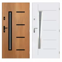 Ekspozycja czterech różnych modeli drzwi wejściowych z przeszkleniami i ozdobnymi panelami, o odmiennych kolorach i fakturach drewna.