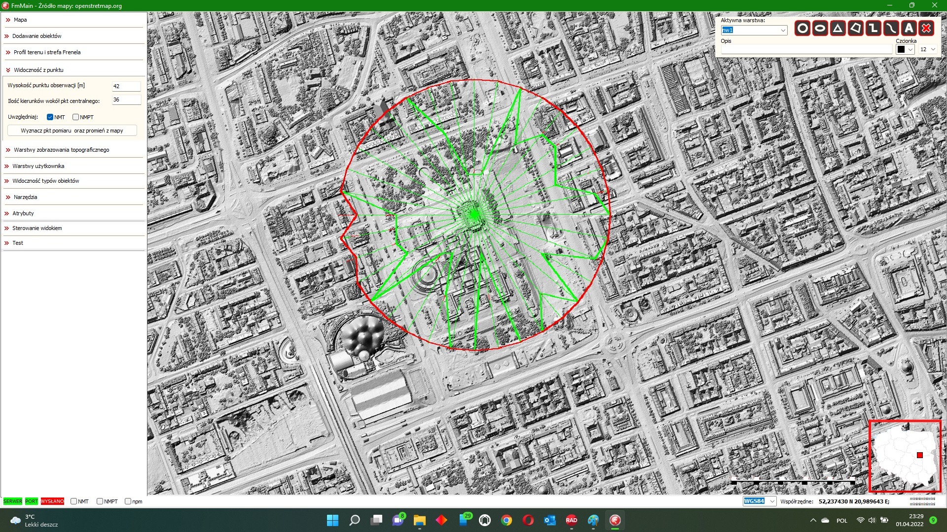 Aplikacja mapowa na rzecz Urzędu Komunikacji Elektronicznej - widoczność z punktu dla zadanej wysokości obserwacji