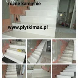 Montaż wewnętrznych schodów z jasnych płyt kamiennych, widoczne surowe ściany w trakcie wykończenia, częściowo zabezpieczone folią malarską.