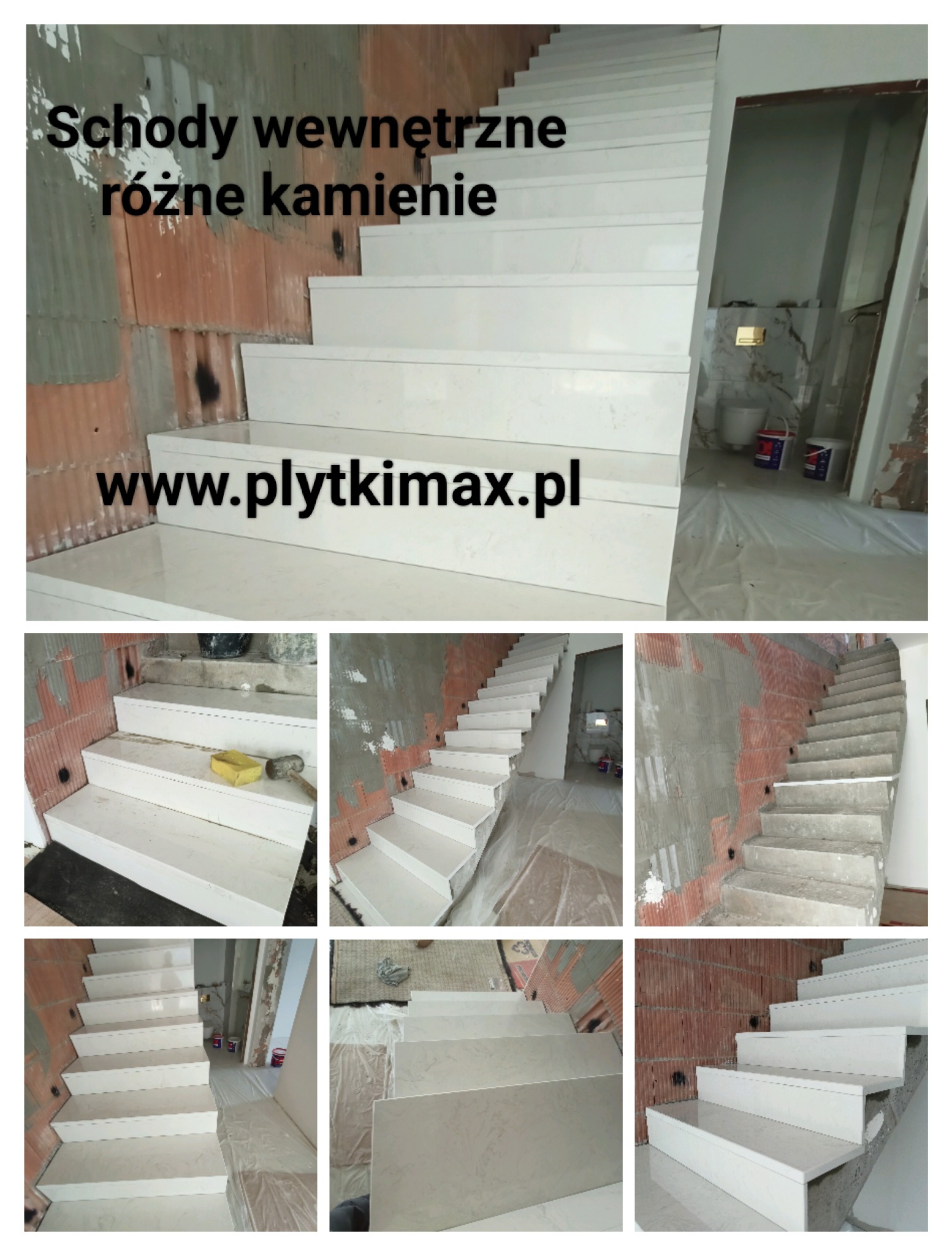 Montaż wewnętrznych schodów z jasnych płyt kamiennych, widoczne surowe ściany w trakcie wykończenia, częściowo zabezpieczone folią malarską.