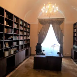 Elegancki gabinet z ciemnymi regałami na książki po obu stronach, biurkiem z lampką i krzesłem na środku, oraz żyrandolem nad oknem z zasłonami.