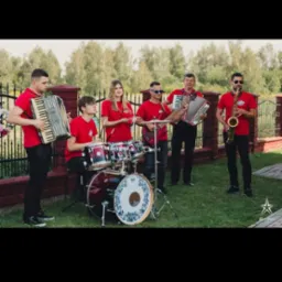 Zespół muzyczny w czerwonych koszulkach gra na instrumentach: akordeon, perkusja, gitara basowa i saksofon, na tle zielonego trawnika i ogrodzenia z cegły.