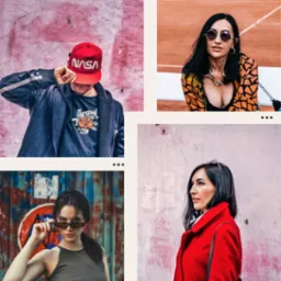 Kolaż czterech portretowych ujęć: mężczyzna w czapce NASA na tle różowej ściany, kobieta w okularach przeciwsłonecznych siedząca na korcie tenisowym, kobieta w okularach i topie na tle graffiti...