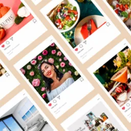 Kolaż zdjęć w formie postów z Instagrama: lody rzemieślnicze, sałatka z kwiatami, portret kobiety na tle kwiatów, drink pomarańczowy, wnętrze sypialni z widokiem na morze, kolaż zdjęć.