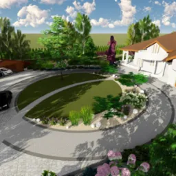Wizualizacja projektu zagospodarowania terenu wokół domu z podjazdem z kostki, okrągłym trawnikiem z nasadzeniami, oświetleniem i zadaszeniem na samochody.