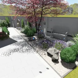 Wizualizacja ogrodu z kwitnącym drzewem, ścieżką z jasnych płyt, rabatami z lawendą i ozdobnymi kamieniami, ławką oraz tłem górskim.