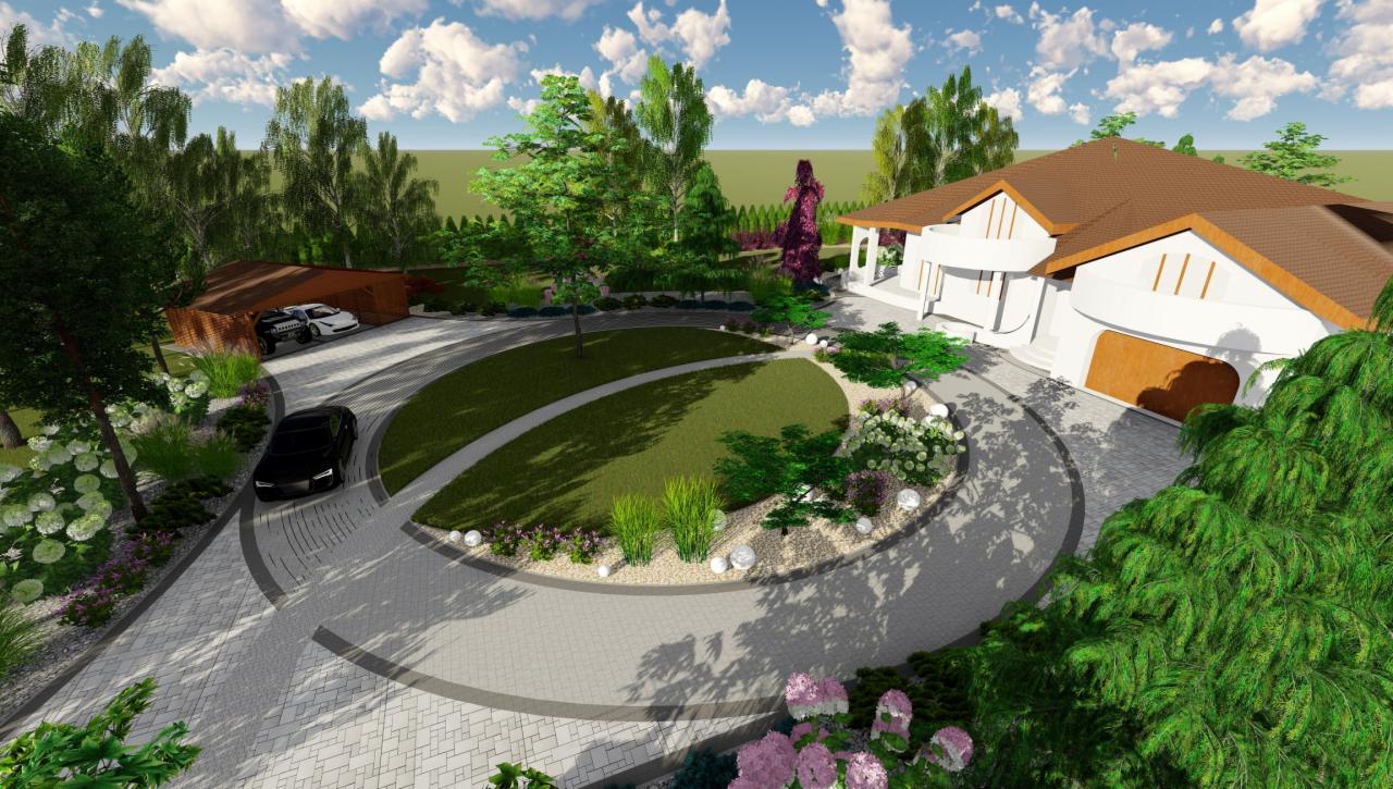 Wizualizacja projektu zagospodarowania terenu wokół domu z podjazdem z kostki, okrągłym trawnikiem z nasadzeniami, oświetleniem i zadaszeniem na samochody.