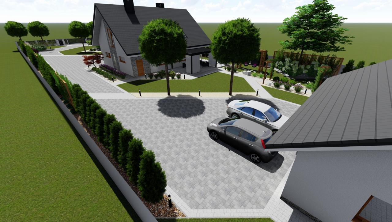 Wizualizacja domu jednorodzinnego z ogrodem, podjazdem z kostki granitowej i szpalerem tuj wzdłuż ogrodzenia.