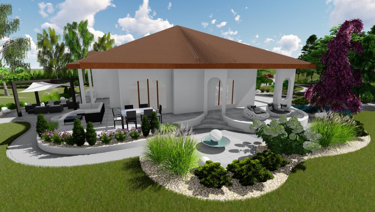 Wizualizacja 3D ogrodu z białym domem, pergolą, meblami ogrodowymi, fontanną kulistą i różnorodną roślinnością ozdobną, w tym trawy i hortensje.