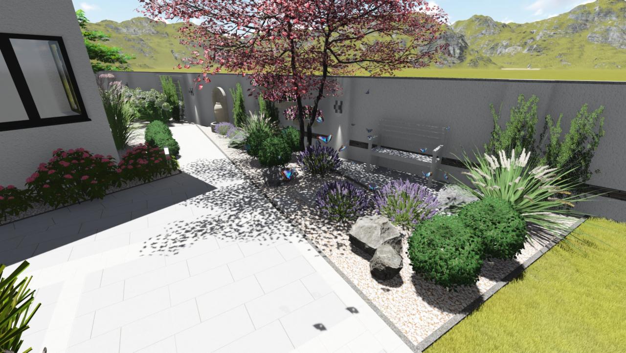 Wizualizacja ogrodu z kwitnącym drzewem, ścieżką z jasnych płyt, rabatami z lawendą i ozdobnymi kamieniami, ławką oraz tłem górskim.