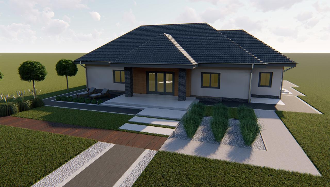 Wizualizacja domu jednorodzinnego z ogrodem, ukazująca ścieżkę z kostki, trawnik, rabaty z trawami ozdobnymi i kuliste drzewa.