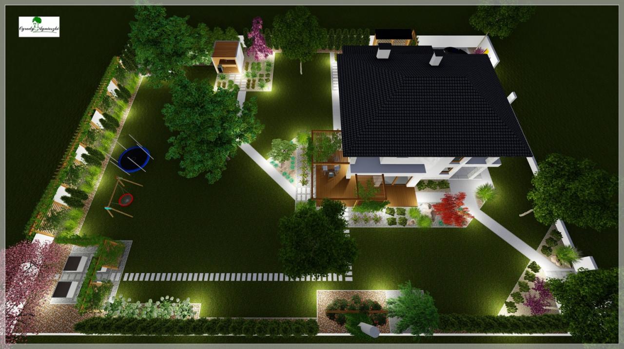 Wizualizacja 3D zagospodarowania terenu wokół domu z oświetleniem, widok z góry, ukazująca trawnik, ścieżki z płyt, trampolinę, huśtawkę, altanę i różnorodne nasadzenia roślinne.