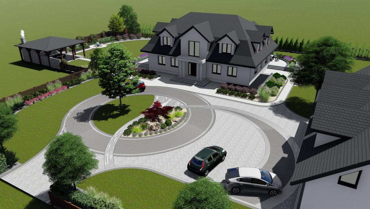 Wizualizacja 3D domu jednorodzinnego z ogrodem, okrągły podjazd z kostki granitowej, altana z kominem w tle, starannie zaprojektowana zieleń z krzewami i drzewami.