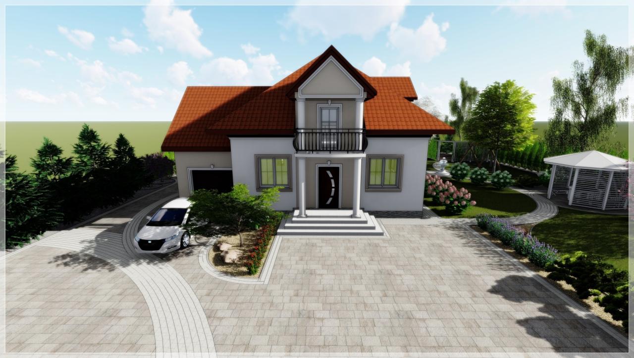 Wizualizacja domu jednorodzinnego z ogrodem, kostka brukowa na podjeździe, altana w tle, samochód zaparkowany obok domu.