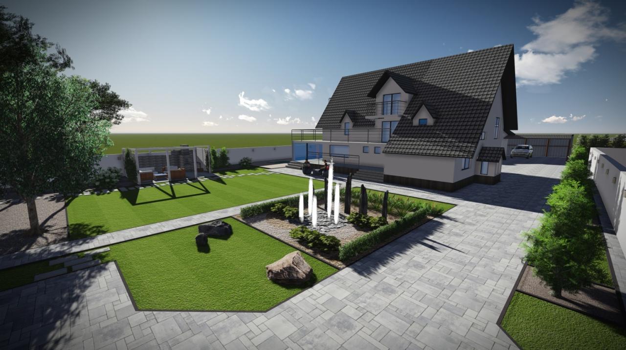 Wizualizacja zagospodarowania przestrzeni wokół domu jednorodzinnego z trawnikiem, ścieżkami z kostki, fontanną z białymi strumieniami wody i altaną w tle.