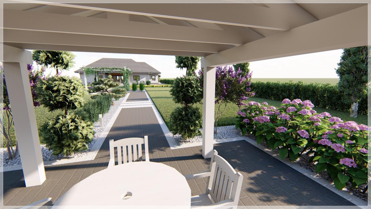 Wizualizacja ogrodu z altaną: biały okrągły stół z krzesłami na kostce brukowej, ścieżka z kostki prowadząca do domu, rabaty z hortensjami i krzewami ozdobnymi.