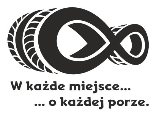 Stylizowane logo firmy transportowej: czarny symbol nieskończoności uformowany z opon samochodowych, pod nim hasło 'W każde miejsce... ... o każdej porze.'