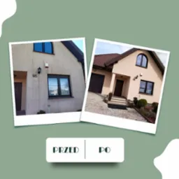 Porównanie 'przed' i 'po' umycia elewacji domu jednorodzinnego z numerem 95, uwidaczniające różnicę w czystości i kolorze tynku. Zdjęcie 'przed' ukazuje zabrudzoną elewację, natomiast 'po'...