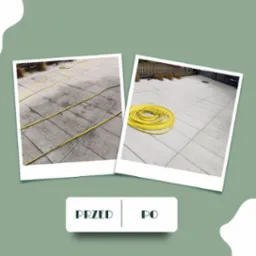 Porównanie stanu kostki brukowej przed i po czyszczeniu: po lewej brudna kostka z żółtym wężem ogrodowym, po prawej czysta kostka z zwiniętym wężem.