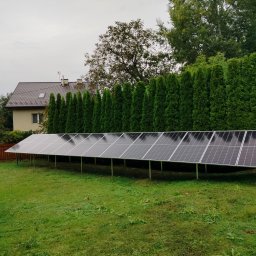 PV-EL - Rząd paneli słonecznych na metalowych podporach, zainstalowany na trawniku przed rzędem wysokich tuj i domem w tle, pochmurny dzień.