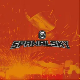 Grafika z logotypem firmy i iskrzącym się efektem wizualnym, nawiązująca do obróbki metali.