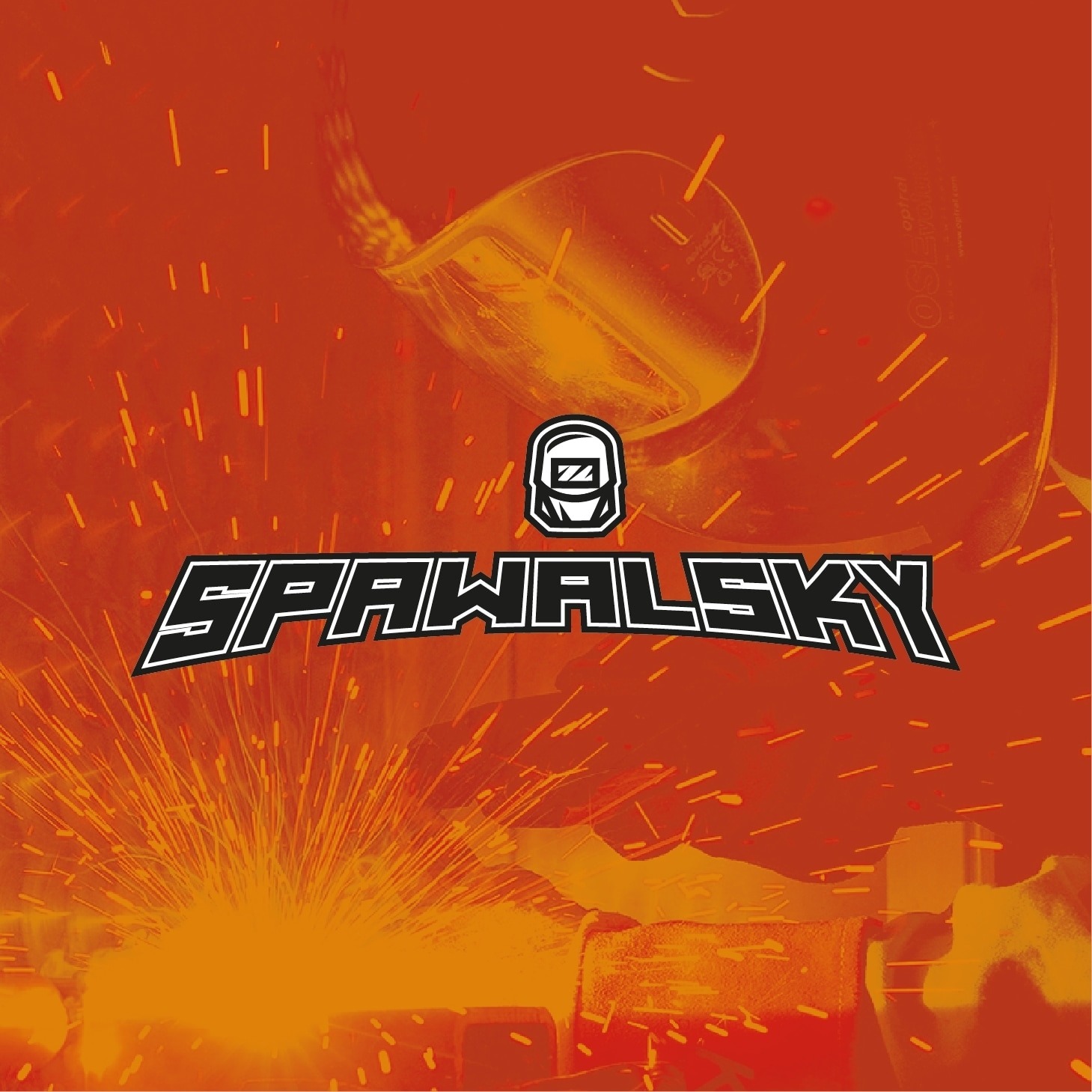 Grafika z logotypem firmy i iskrzącym się efektem wizualnym, nawiązująca do obróbki metali.