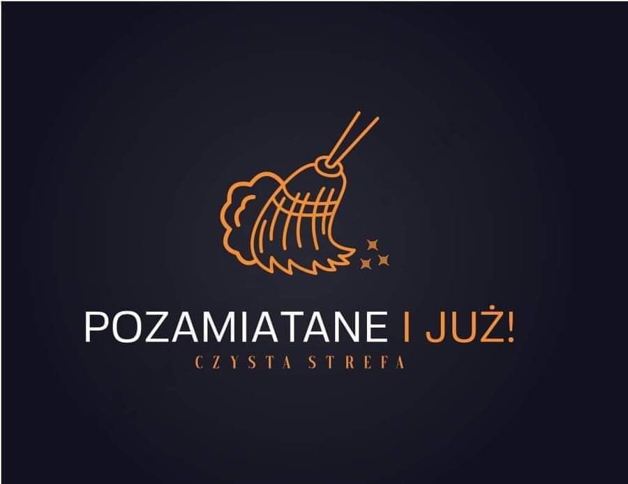 Grafika logo firmy sprzątającej przedstawiająca stylizowaną miotłę z napisem 'POZAMIATANE I JUŻ! CZYSTA STREFA' na ciemnym tle.