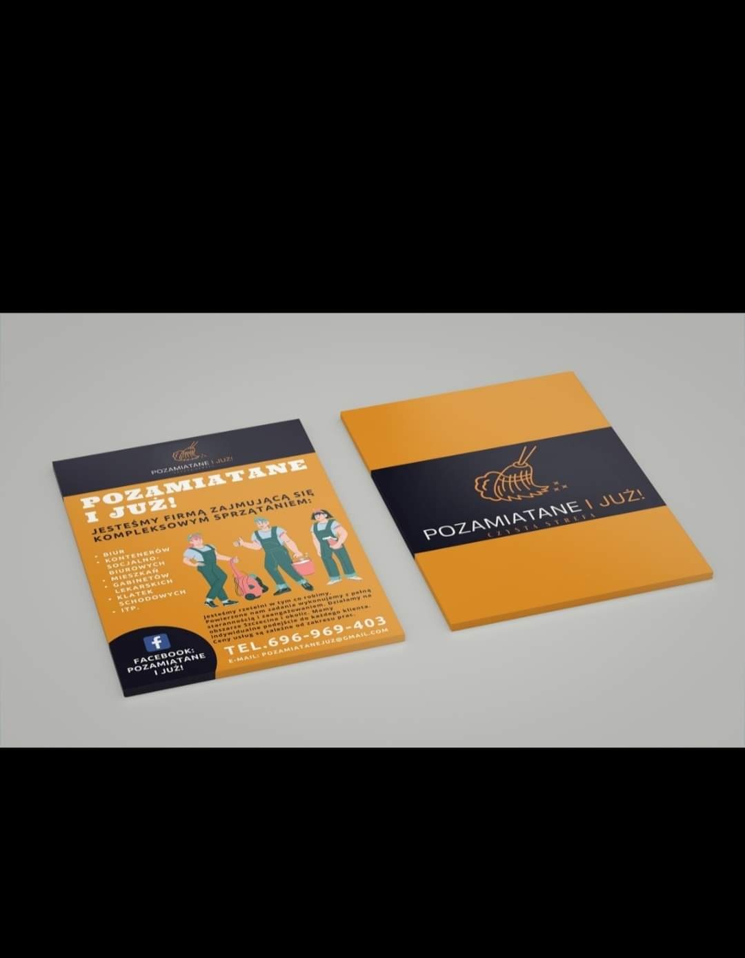 Dwa foldery reklamowe firmy sprzątającej 'Pozamiatane i Już!' w kolorach żółtym i granatowym, z informacjami o ofercie sprzątania biur, mieszkań i innych powierzchni, oraz danymi kontaktowymi.