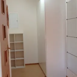 Widok na odnowione wnętrze z jasnymi drewnianymi panelami podłogowymi, białymi szafami i regałem, oświetlone trzypunktową lampą sufitową.