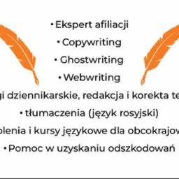 Grafika z pomarańczowymi piórami po bokach, otaczającymi listę usług takich jak ekspert afiliacji, ghostwriting, webwriting, usługi dziennikarskie, tłumaczenia (język rosyjski), szkolenia językowe...
