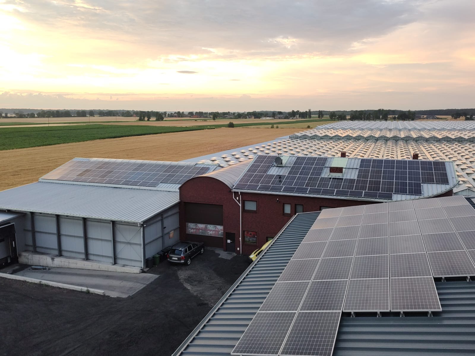 Rozległa instalacja paneli słonecznych na dachach budynków gospodarczych, z polami uprawnymi w tle, sfotografowana o zmierzchu.