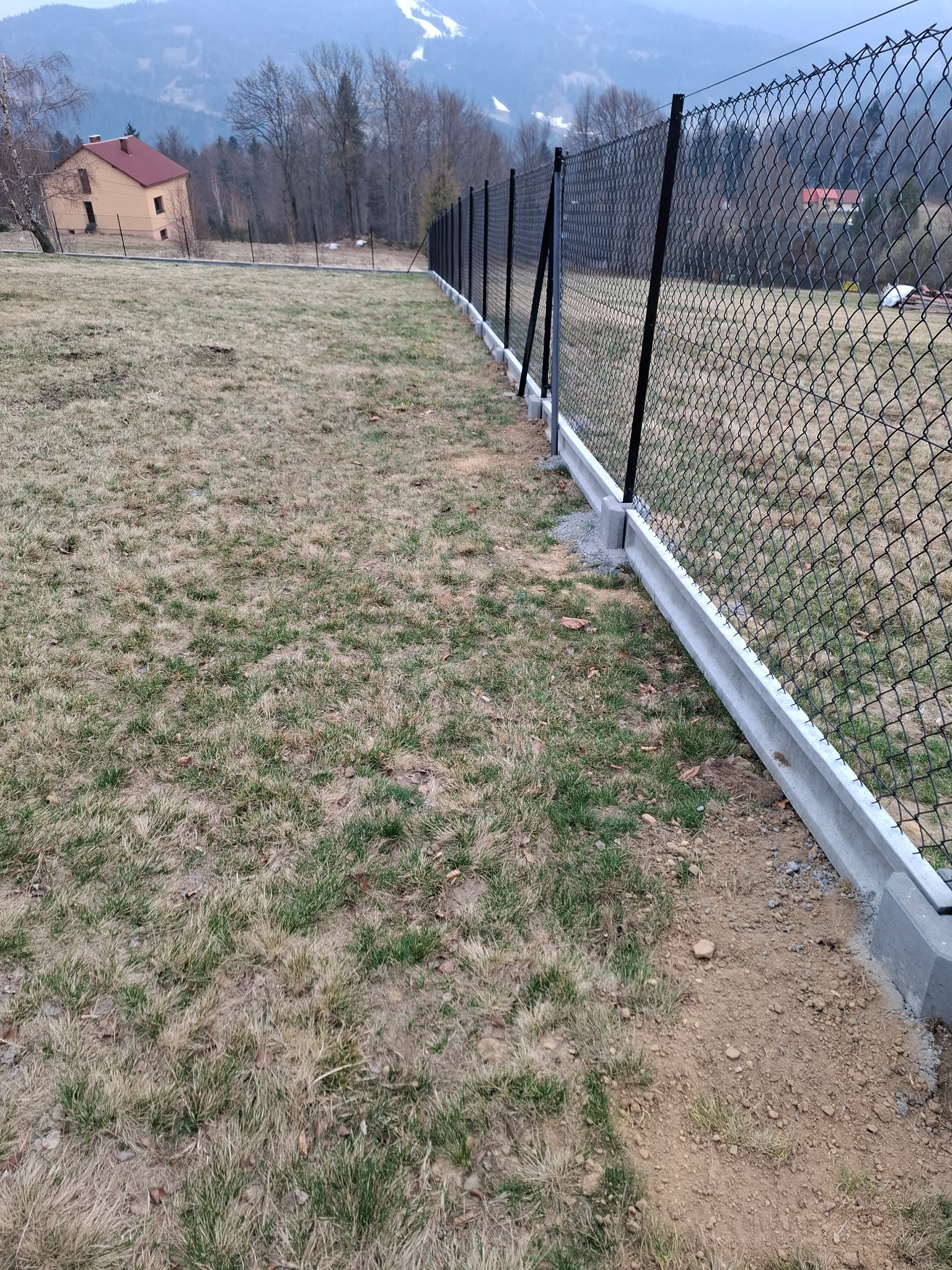 Długi, czarny płot z siatki, osadzony na betonowej podmurówce, rozciąga się wzdłuż działki z widokiem na dom i zalesione wzgórza w tle. Ujęcie z bliska, z perspektywy ziemi.