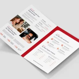 Dwustronicowa broszura reklamowa salonu piękności z ofertą zabiegów na twarz, ciało, włosy i paznokcie, prezentująca cennik i zdjęcia z wykonywanych usług.