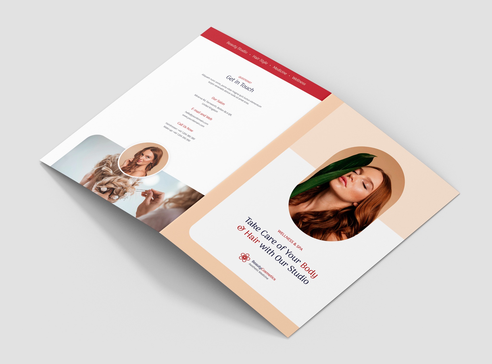 Broszura A4 składana zaprojektowana dla salonu kosmetycznego.